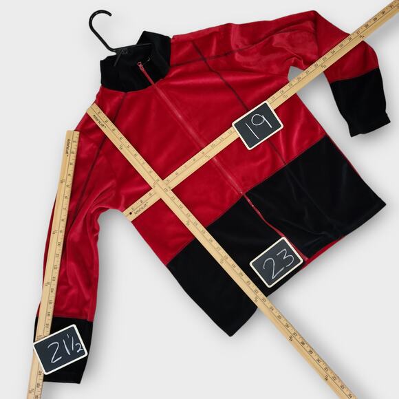 Velour Jacket Womens Size 10 Red and Black Colorblock Stretch Zipper Lon… - Picture 3 of 12